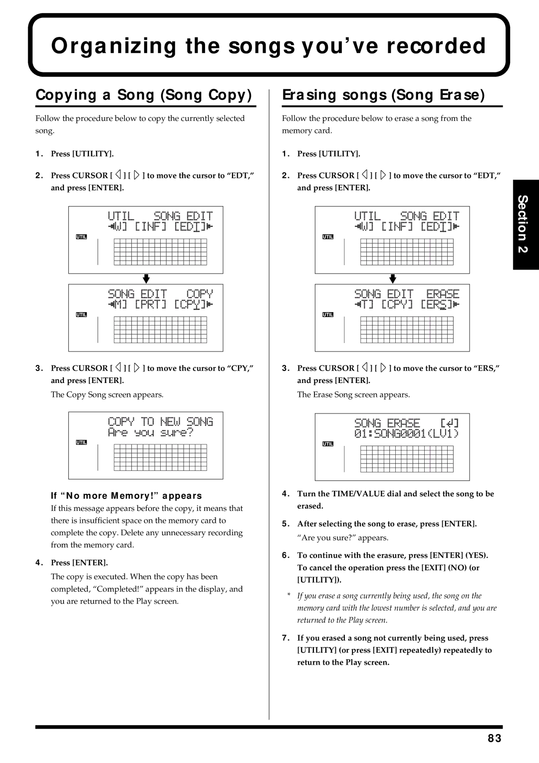 Roland BR-864 owner manual Organizing the songs you’ve recorded, Copying a Song Song Copy, Erasing songs Song Erase 