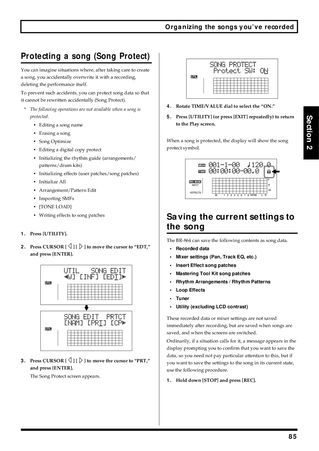 Roland BR-864 Protecting a song Song Protect, Saving the current settings to the song, Hold down Stop and press REC 