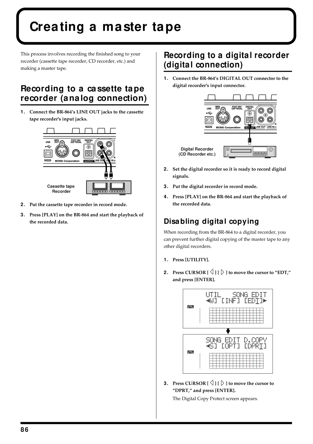 Roland BR-864 Creating a master tape, Recording to a cassette tape recorder analog connection, Disabling digital copying 