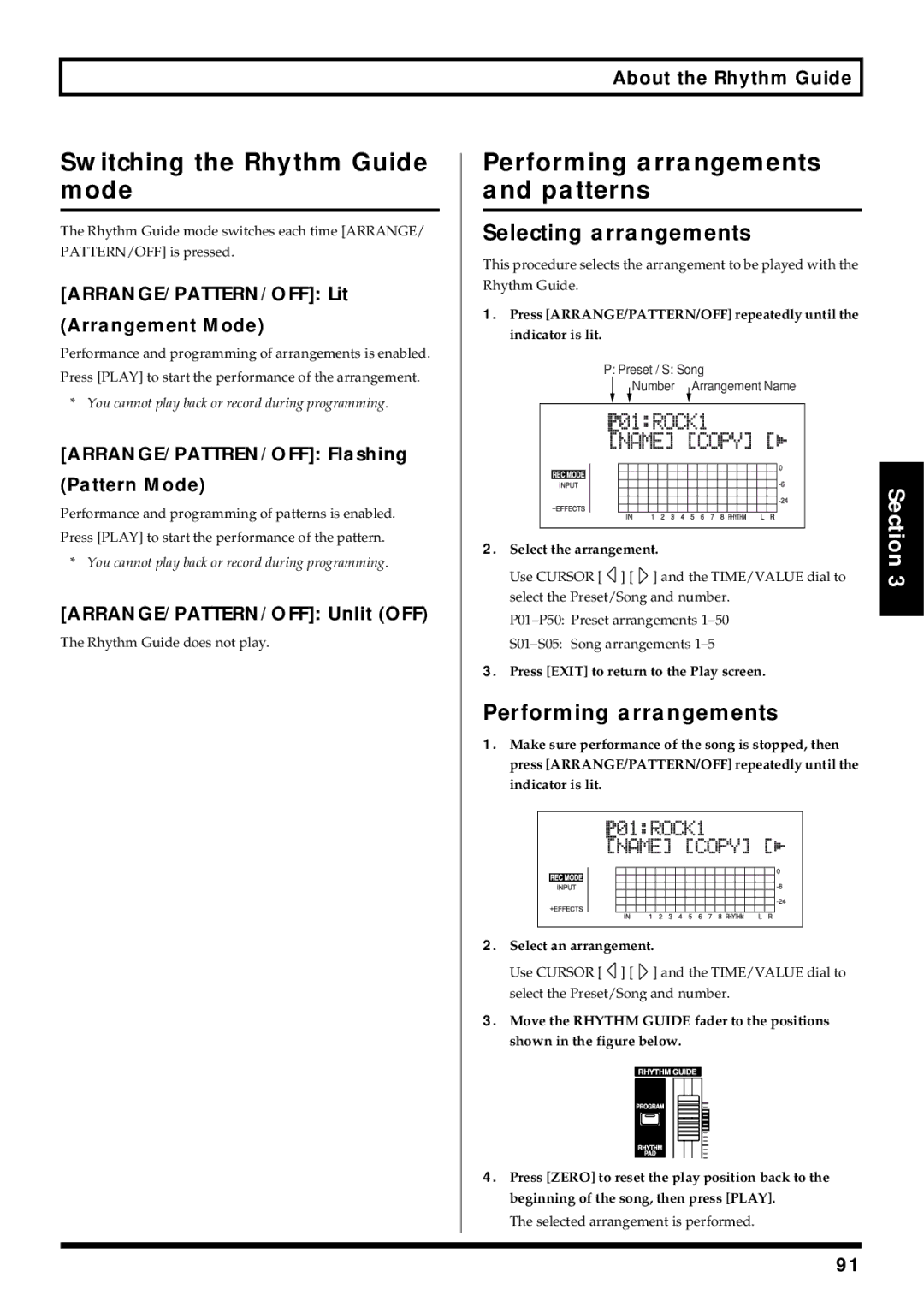 Roland BR-864 owner manual Switching the Rhythm Guide mode, Performing arrangements and patterns, Selecting arrangements 