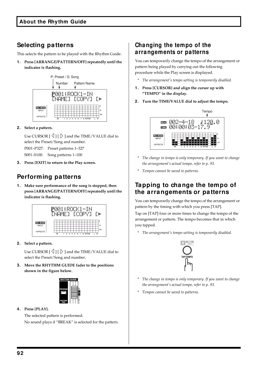 Roland BR-864 owner manual Selecting patterns, Performing patterns 