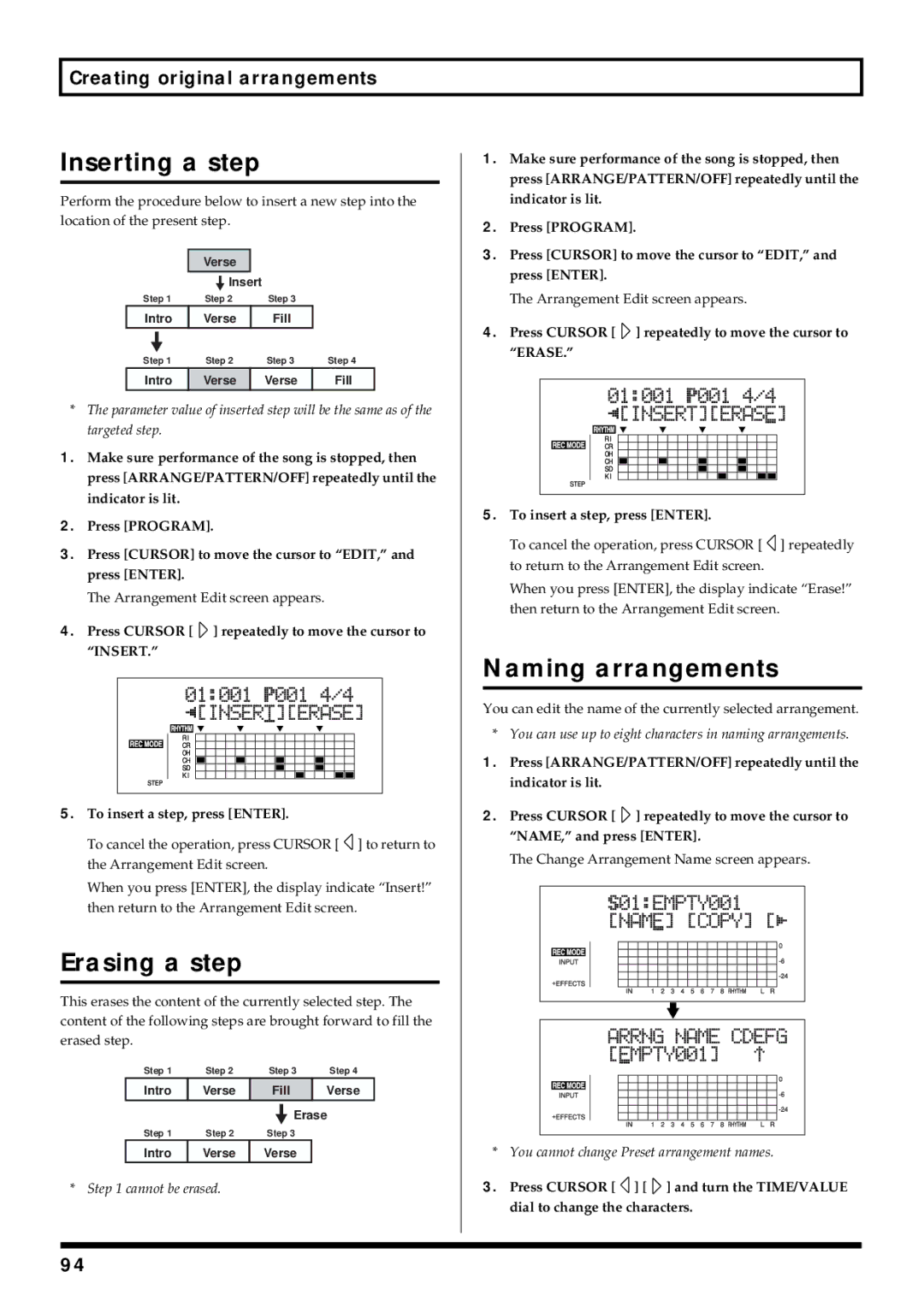 Roland BR-864 owner manual Inserting a step, Erasing a step, Naming arrangements 