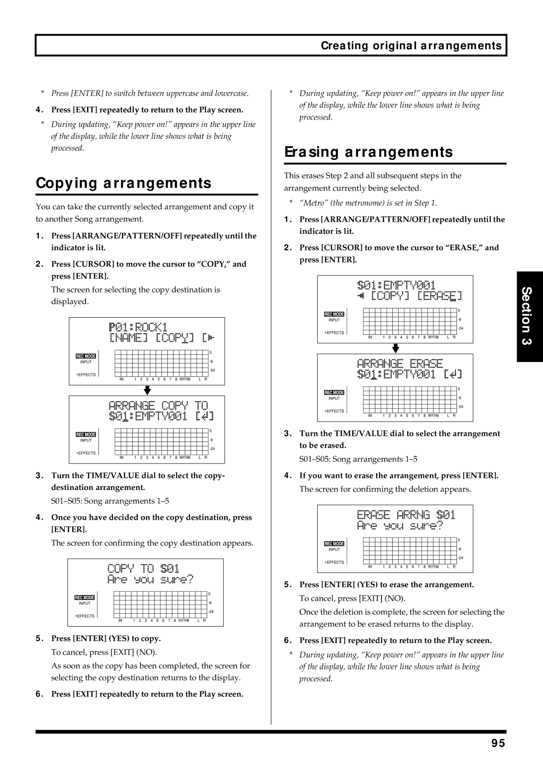 Roland BR-864 Copying arrangements, Erasing arrangements, Once you have decided on the copy destination, press Enter 