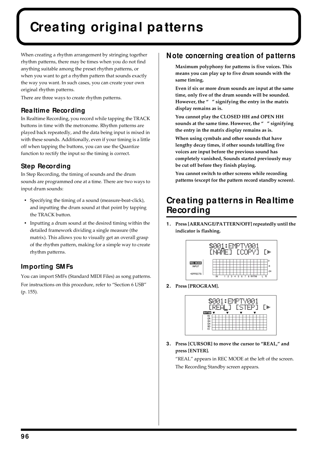 Roland BR-864 Creating original patterns, Creating patterns in Realtime Recording, Step Recording, Importing SMFs 