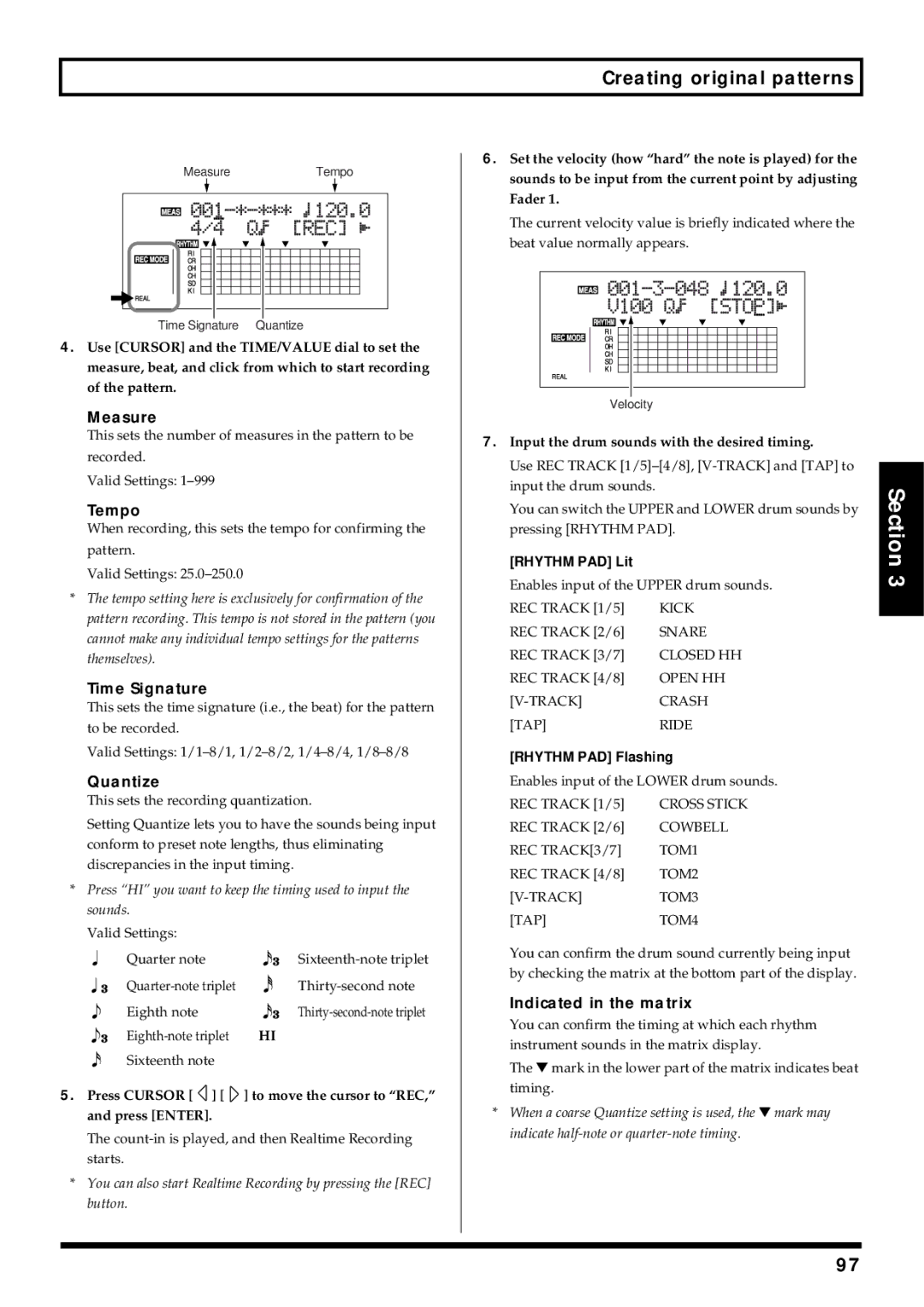 Roland BR-864 owner manual Measure, Quantize, Indicated in the matrix, Rhythm PAD Lit, Rhythm PAD Flashing 