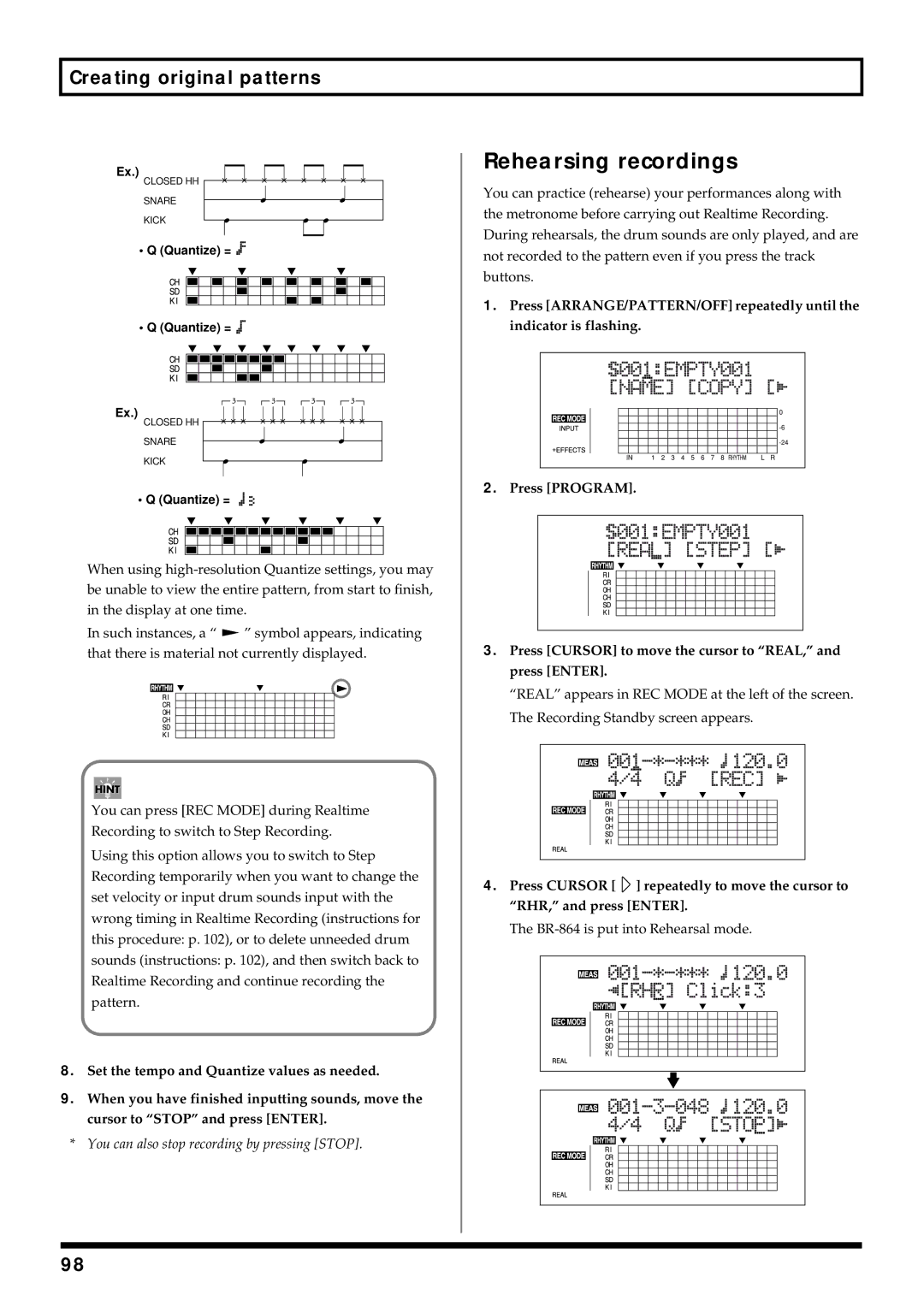 Roland BR-864 owner manual Rehearsing recordings 