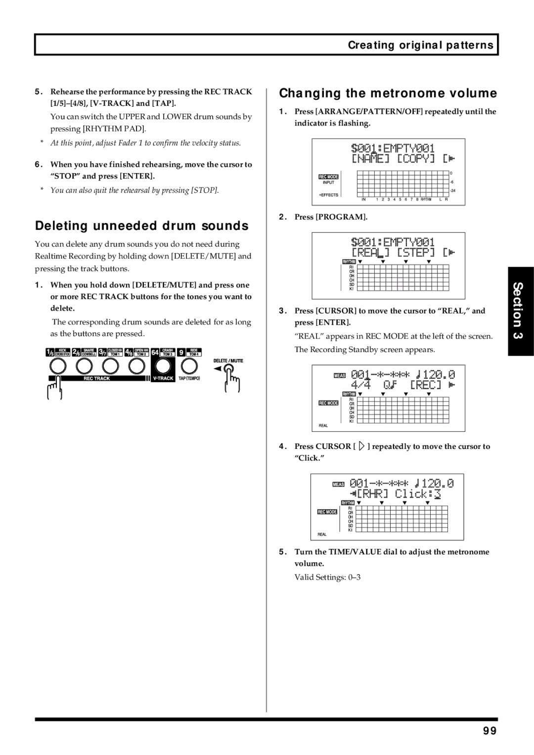 Roland BR-864 owner manual Deleting unneeded drum sounds, Changing the metronome volume 