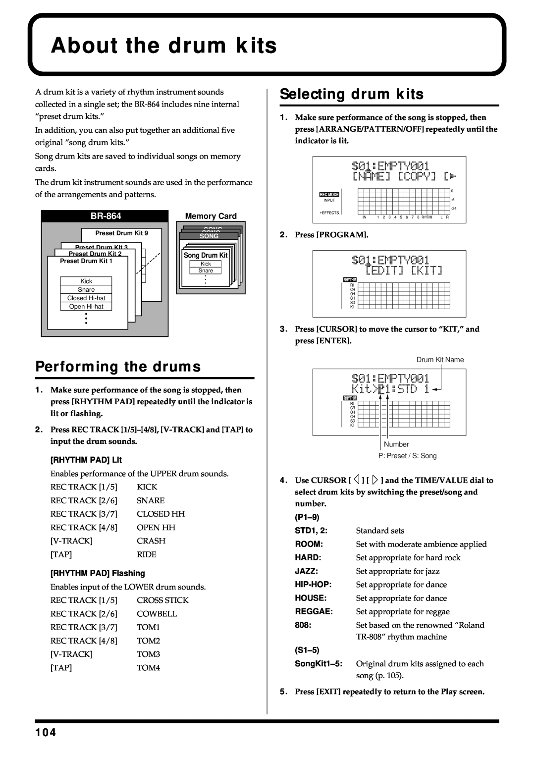 Roland BR-864 owner manual About the drum kits, Selecting drum kits, Performing the drums 