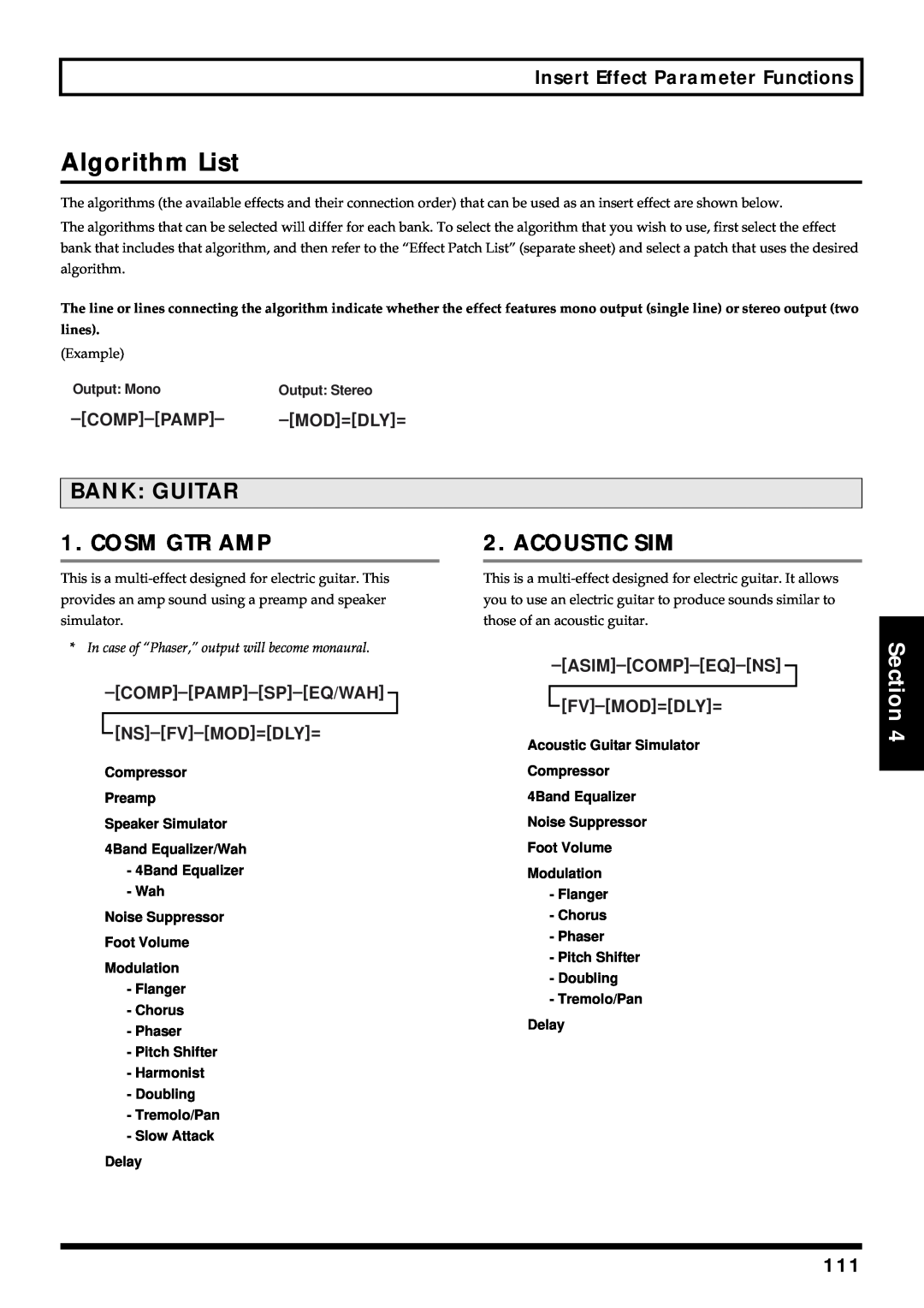 Roland BR-864 Algorithm List, Bank: Guitar, Cosm Gtr Amp, Acoustic Sim, Section, Comp–Pamp, Asim–Comp–Eq–Ns Fv–Mod=Dly= 