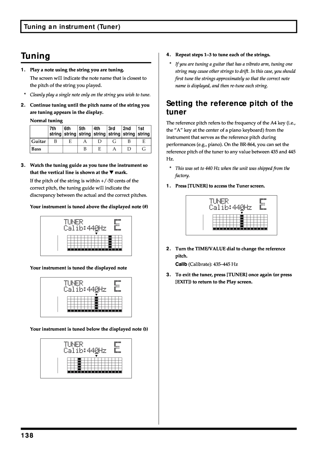 Roland BR-864 owner manual Tuning, Setting the reference pitch of the tuner 