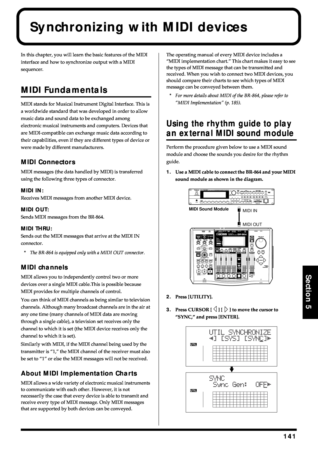 Roland BR-864 owner manual Synchronizing with MIDI devices, MIDI Fundamentals, Section 