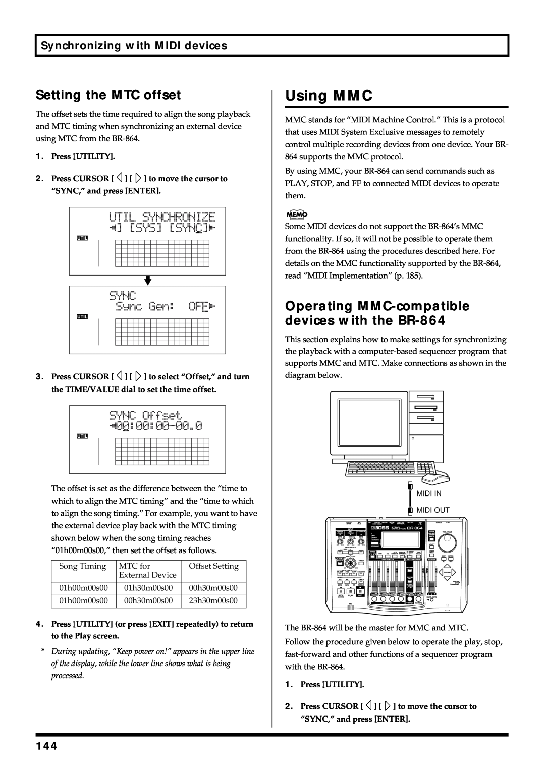 Roland owner manual Using MMC, Setting the MTC offset, Operating MMC-compatibledevices with the BR-864 
