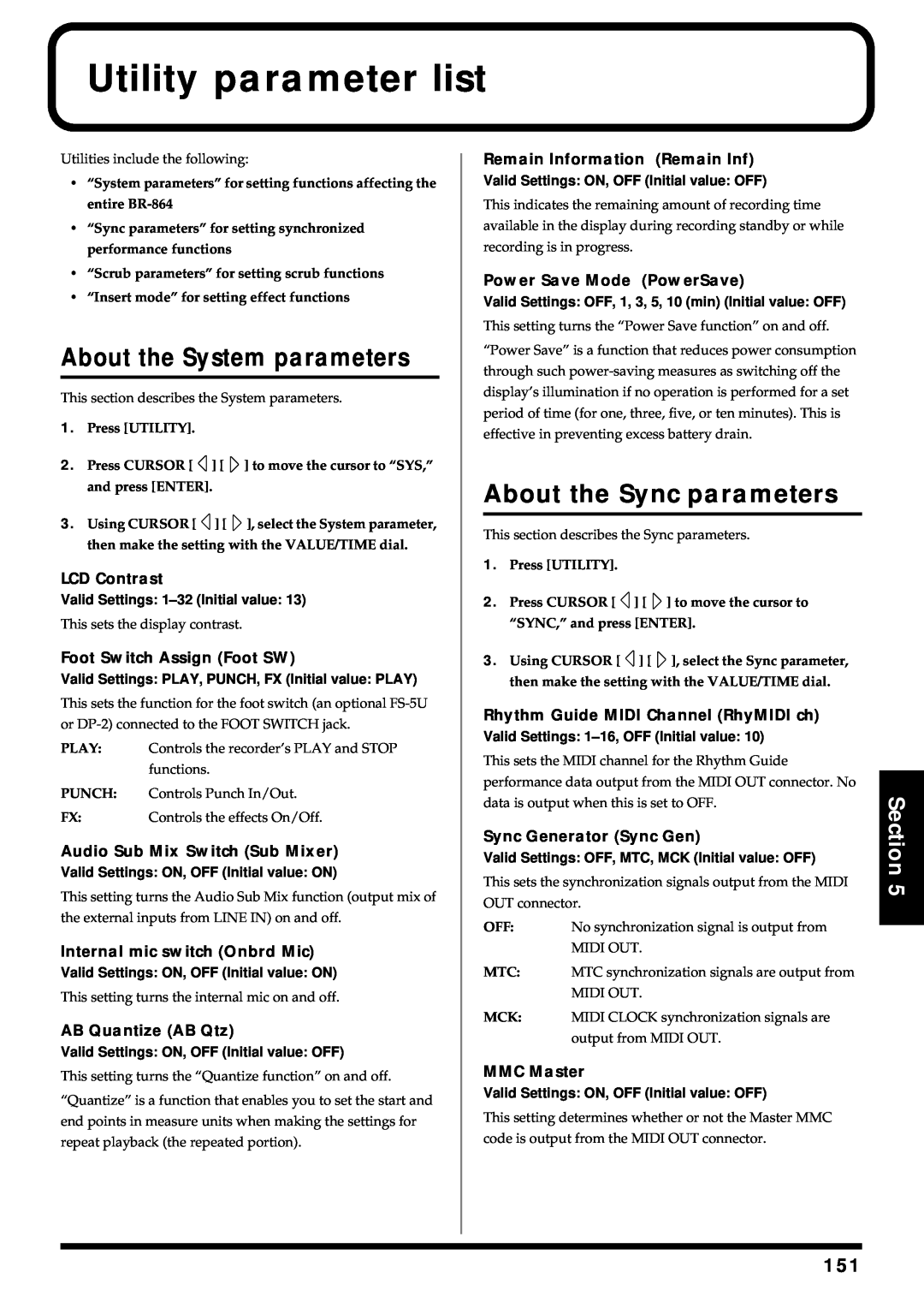 Roland BR-864 owner manual Utility parameter list, About the System parameters, About the Sync parameters, Section 