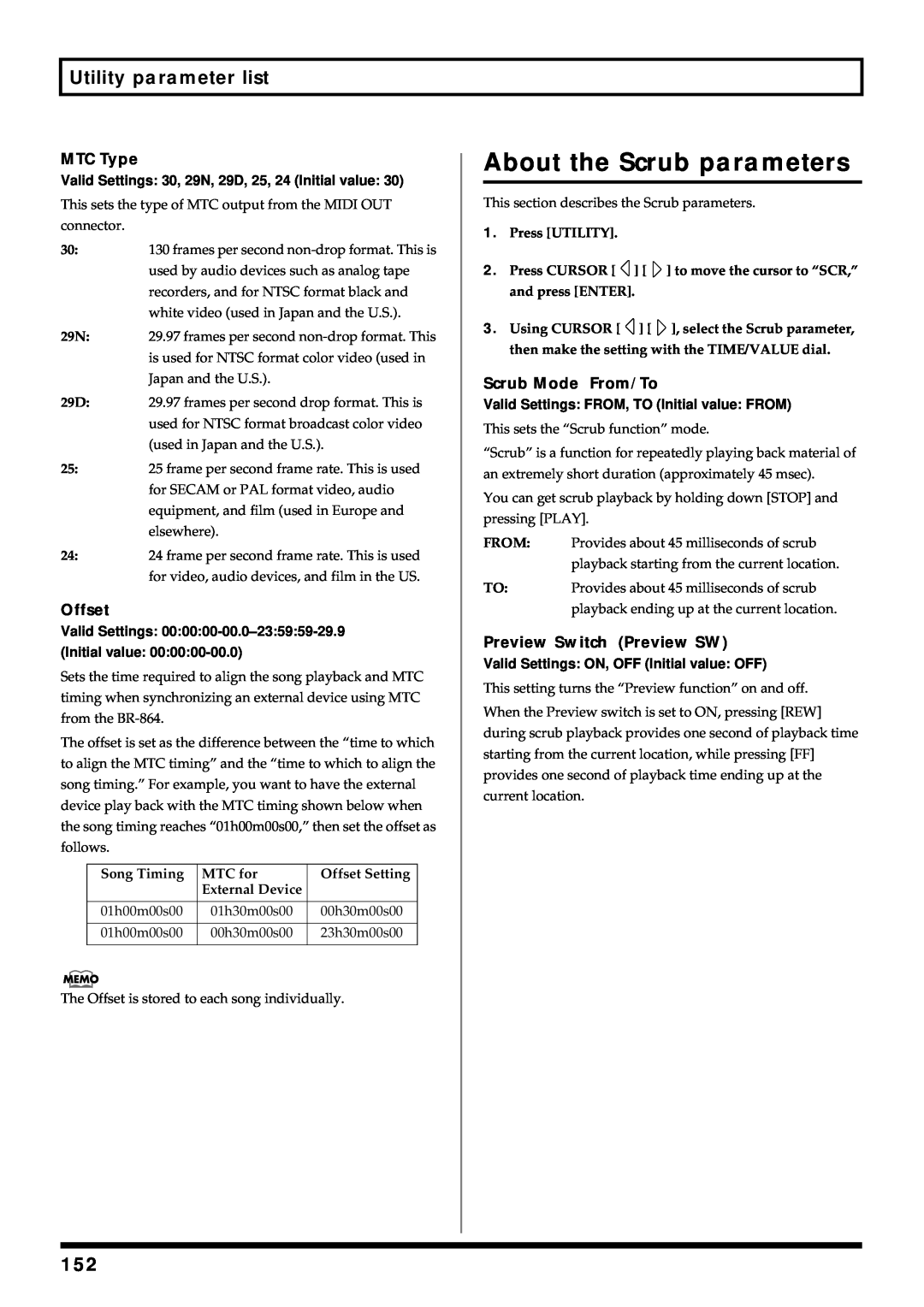 Roland BR-864 owner manual About the Scrub parameters, Utility parameter list 