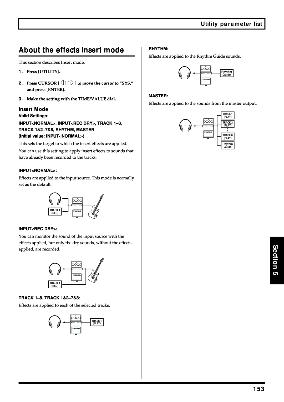 Roland BR-864 owner manual About the effects Insert mode, Section, Utility parameter list 