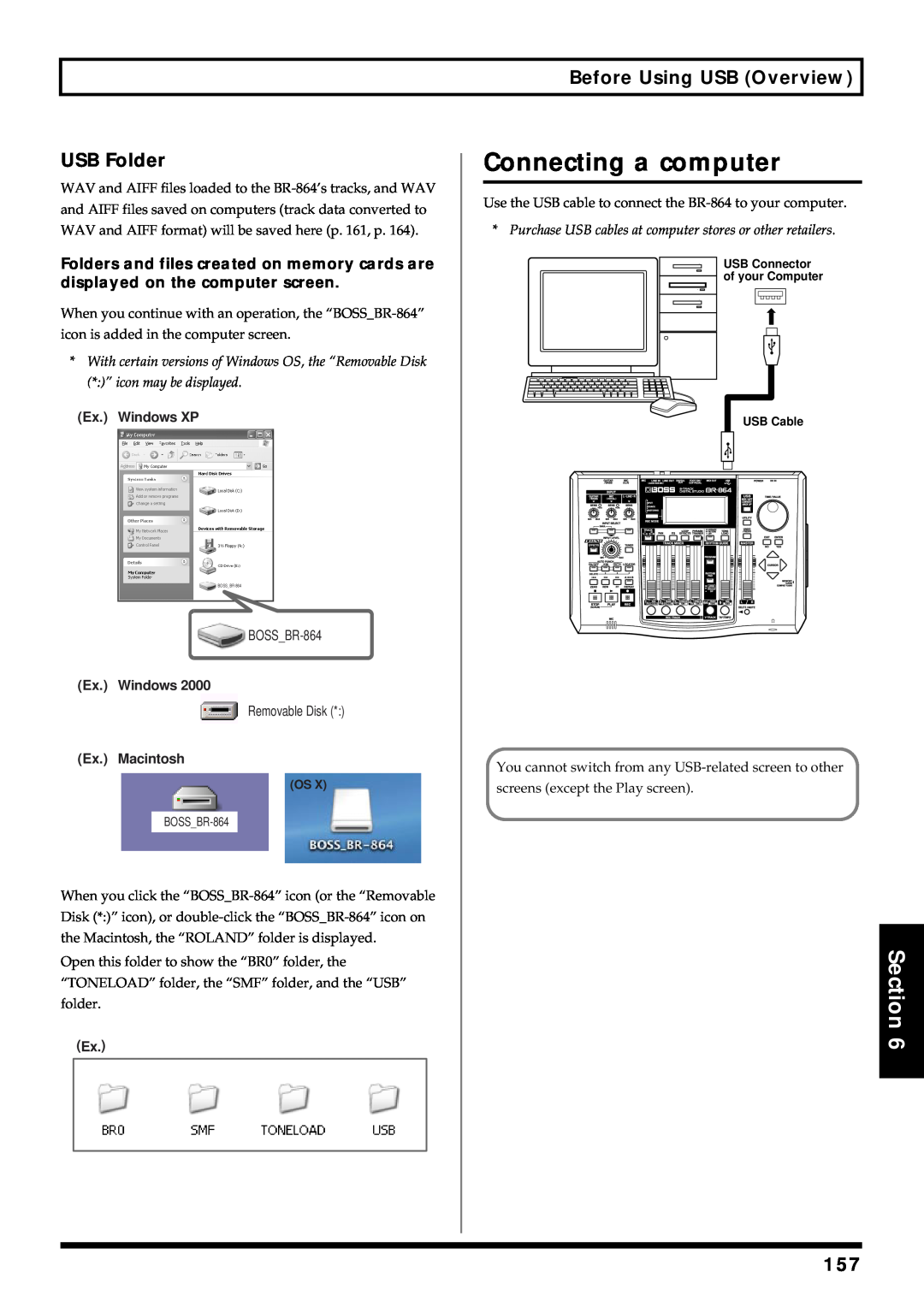 Roland owner manual Connecting a computer, Section, Ex. Windows XP, BOSS_BR-864, Removable Disk, Ex. Macintosh 