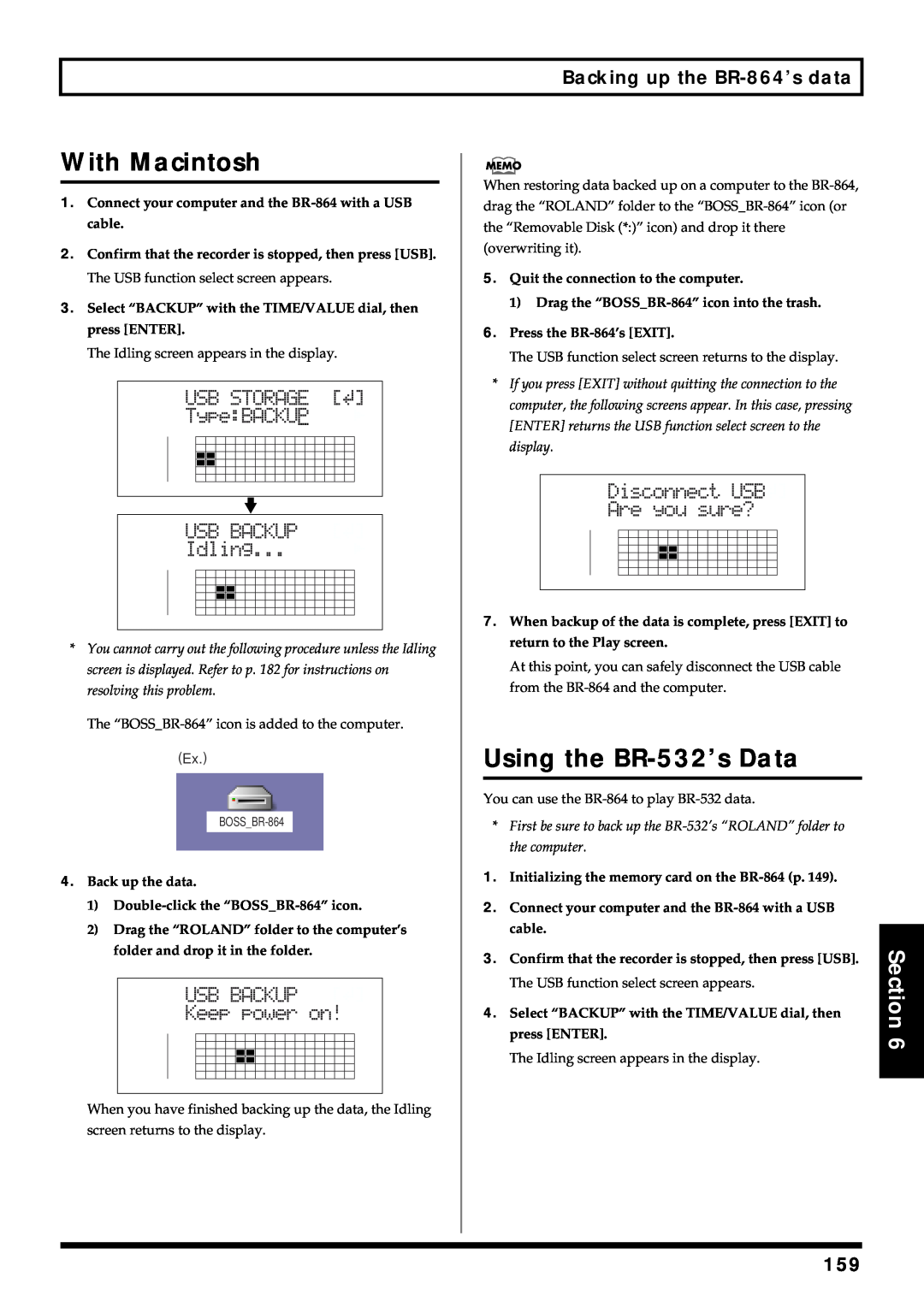 Roland owner manual With Macintosh, Using the BR-532’sData, Backing up the BR-864’sdata 