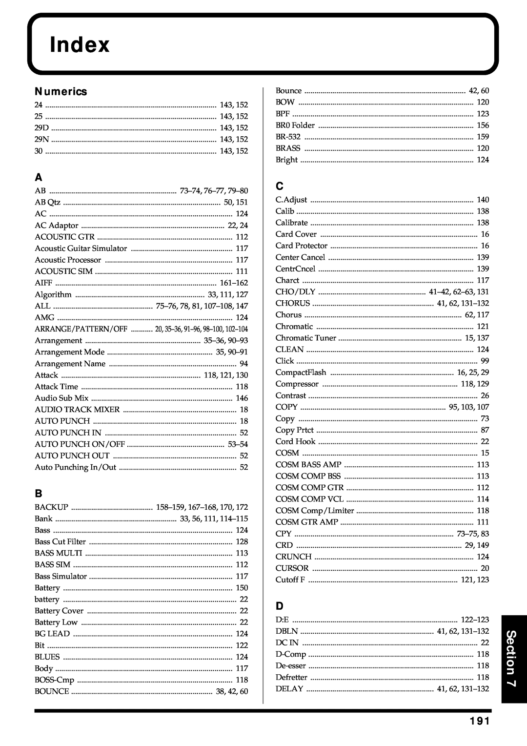 Roland BR-864 owner manual Index, Section, Numerics 