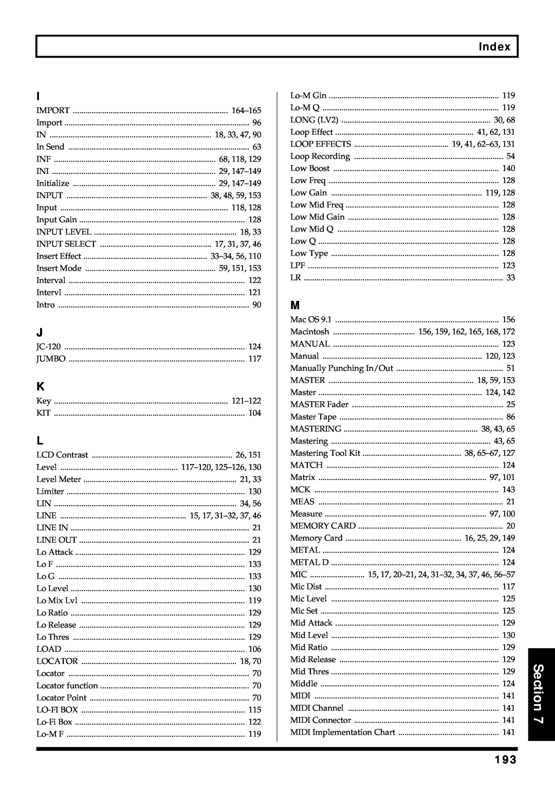 Roland BR-864 owner manual Section, Index 