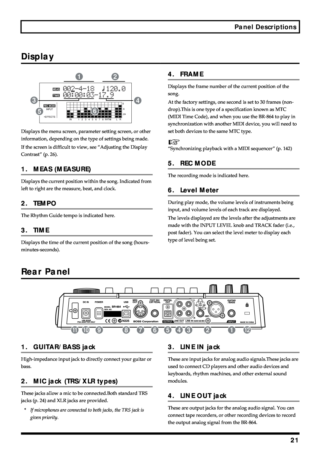 Roland BR-864 owner manual Display, Rear Panel 