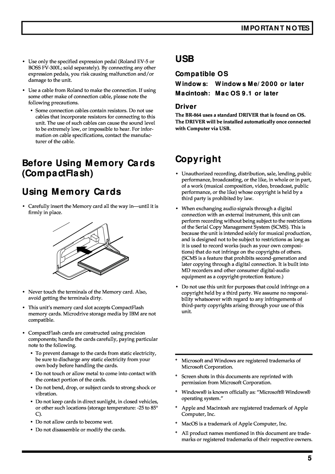 Roland BR-864 owner manual Before Using Memory Cards CompactFlash, Copyright, Windows: Windows Me/2000 or later 