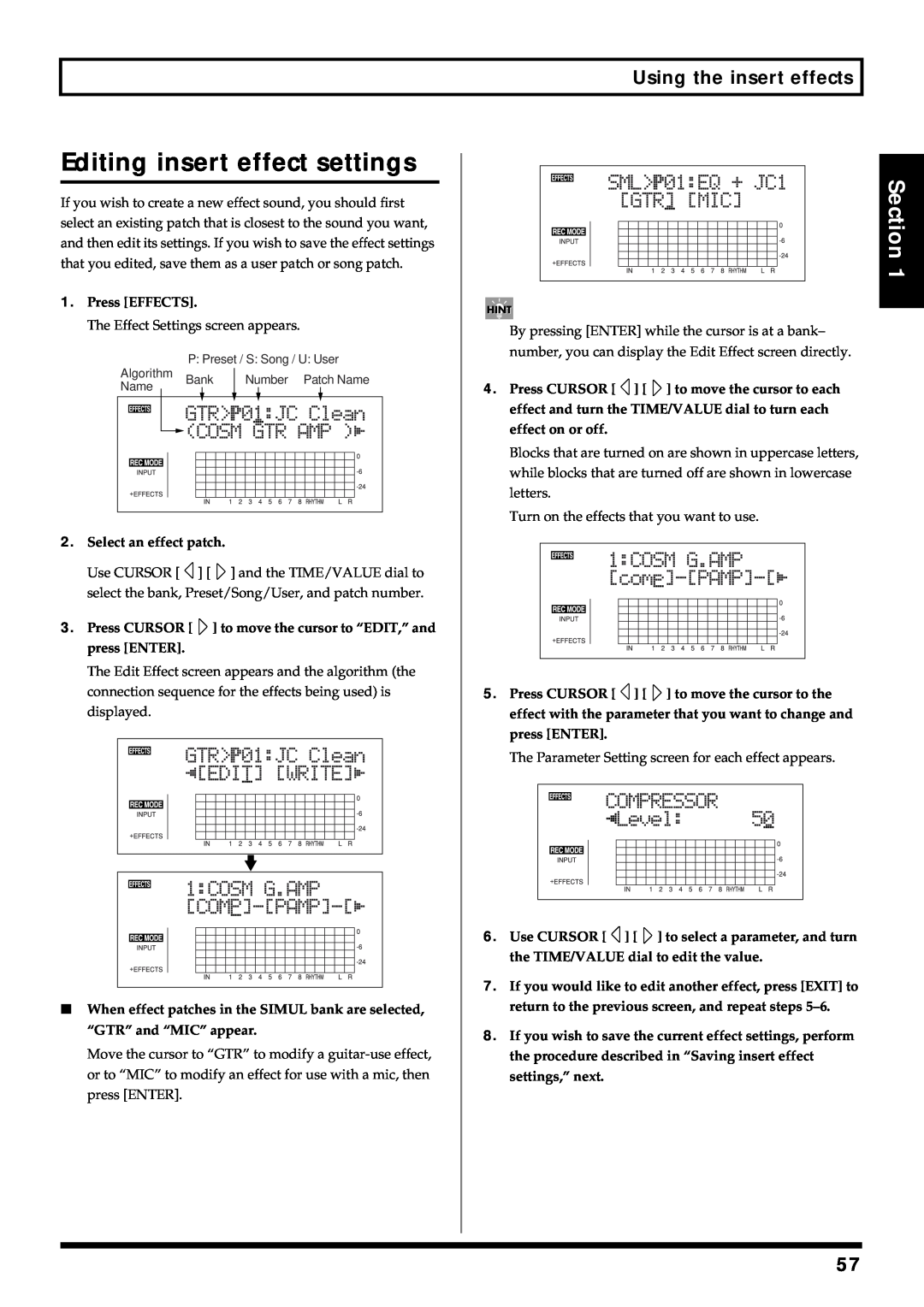 Roland BR-864 owner manual Editing insert effect settings, Section, Using the insert effects 
