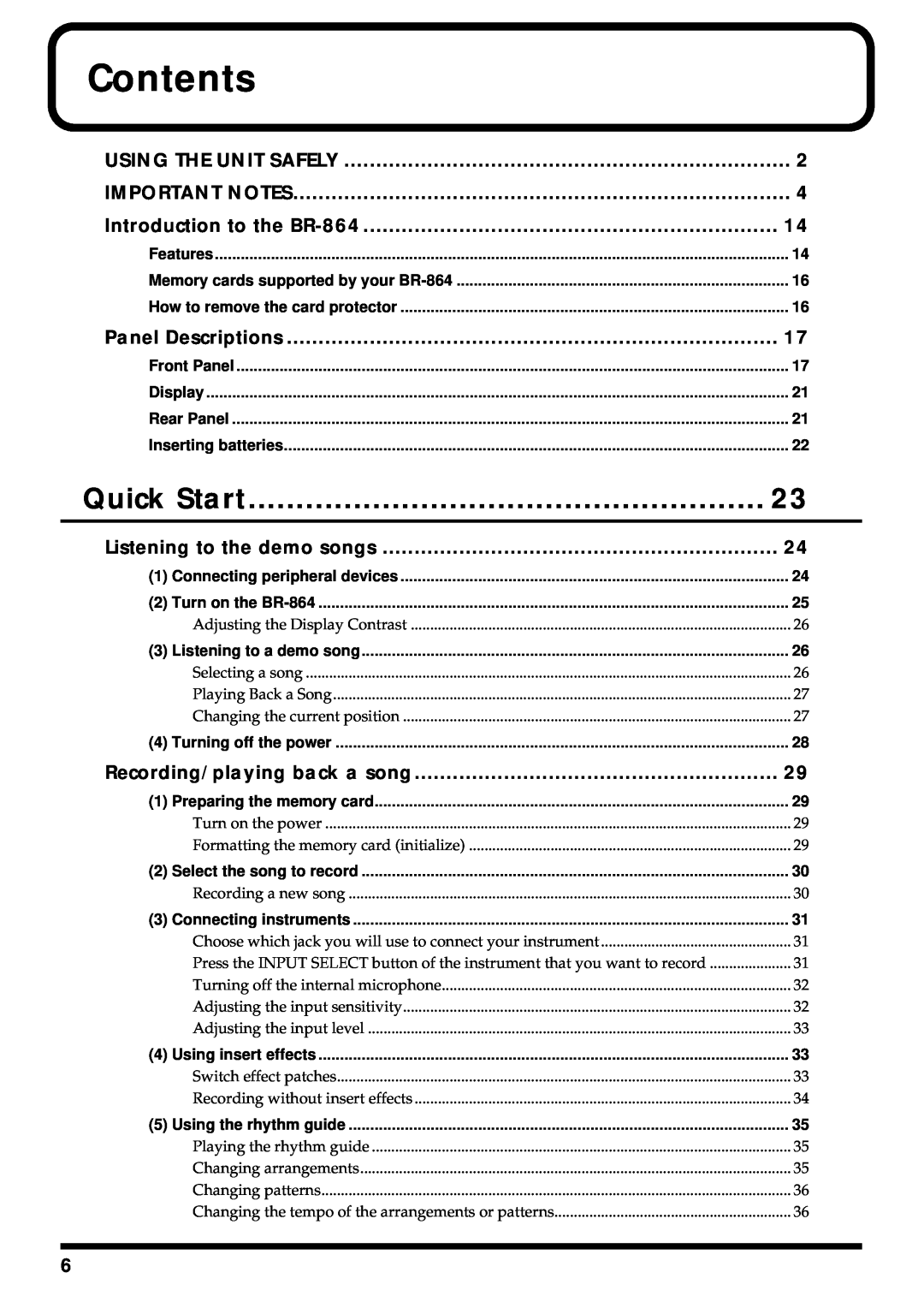 Roland BR-864 owner manual Contents, Quick Start 