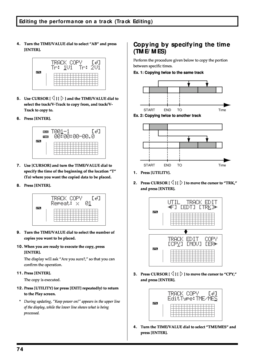 Roland BR-864 owner manual Copying by specifying the time TME/MES, Editing the performance on a track Track Editing 