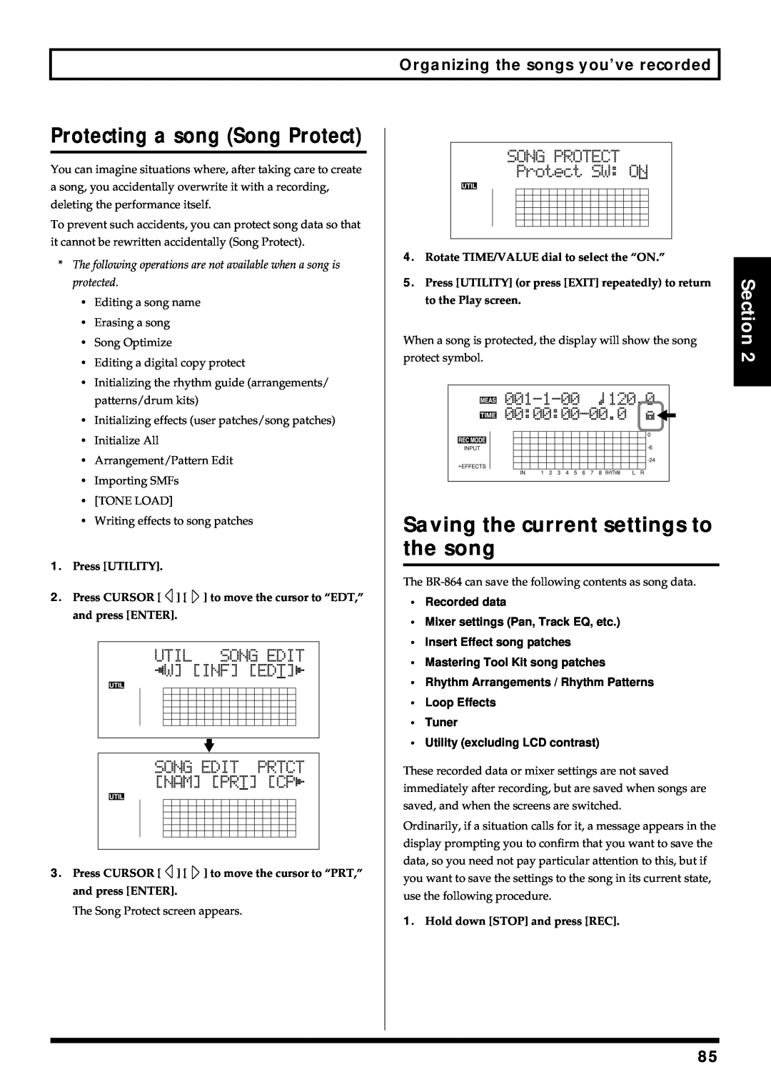 Roland BR-864 owner manual Protecting a song Song Protect, Saving the current settings to the song, Section 