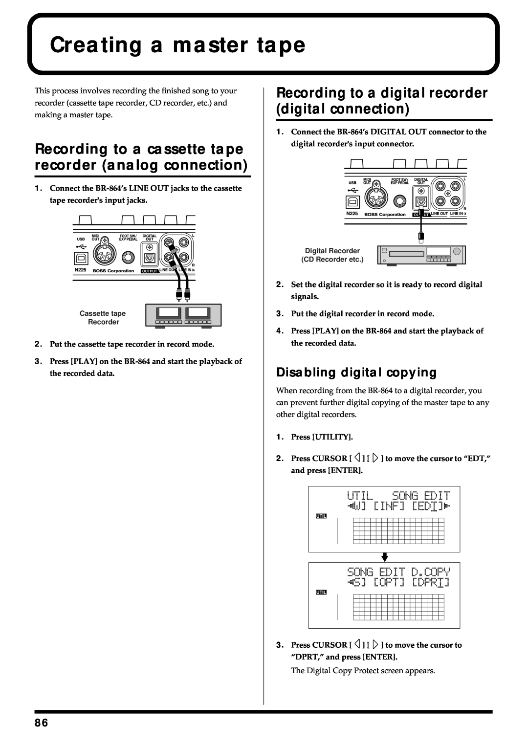 Roland BR-864 owner manual Creating a master tape, Disabling digital copying 