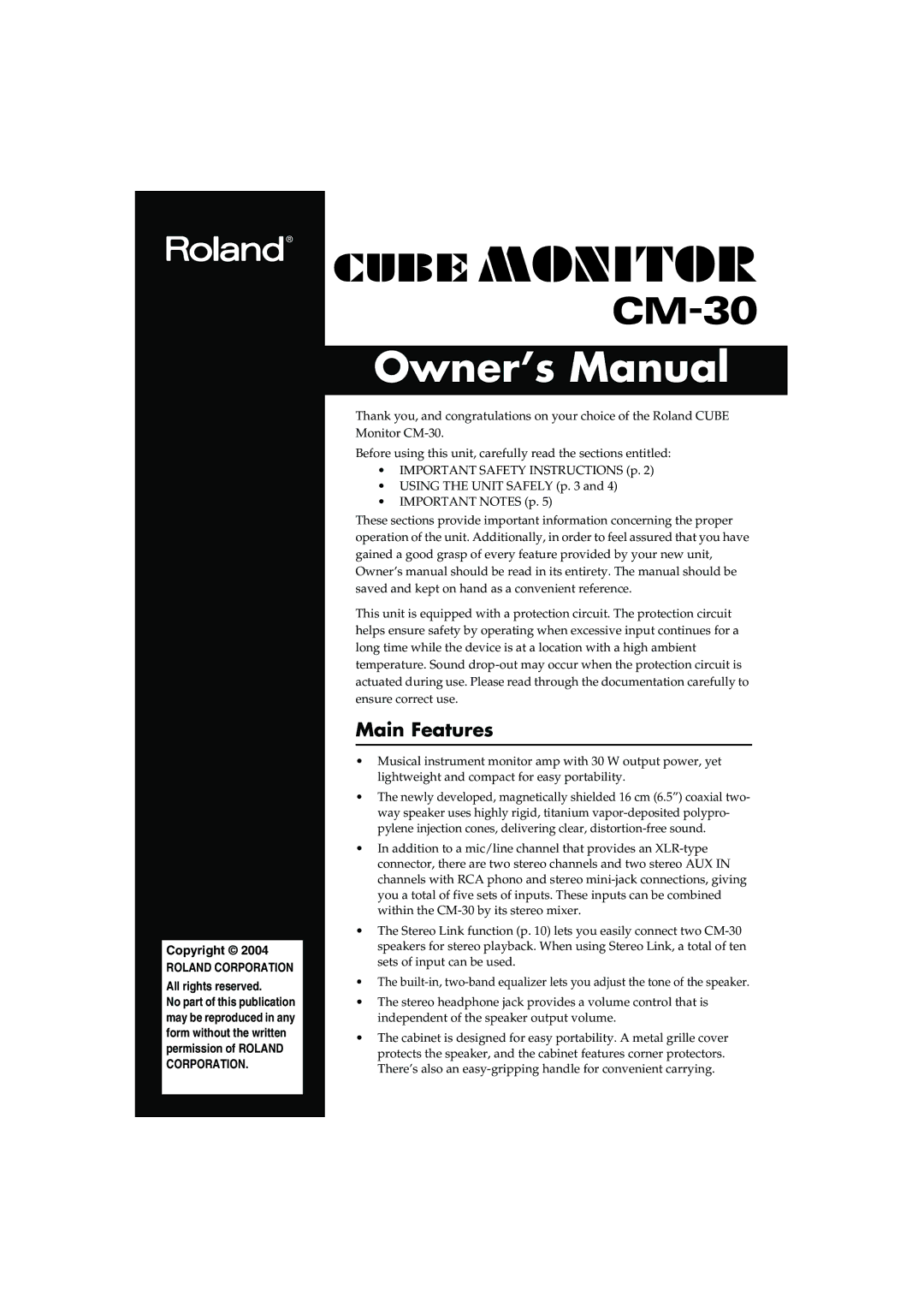 Roland CM-30 owner manual Main Features, Copyright, All rights reserved 