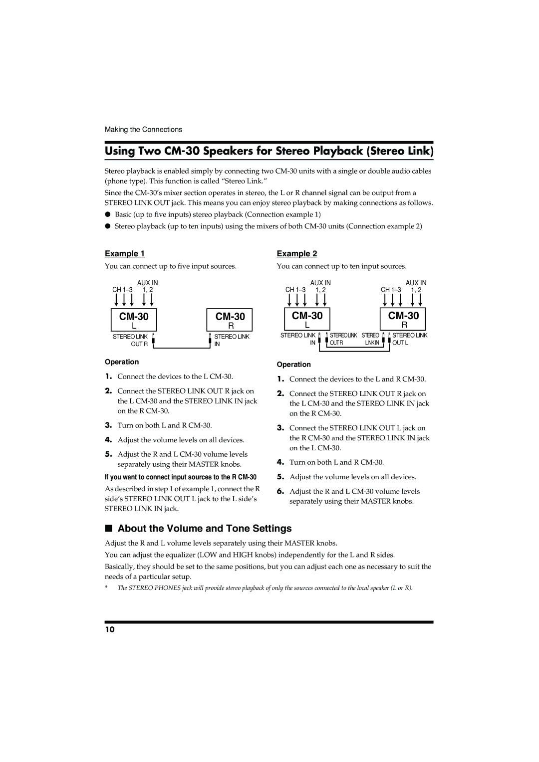 Roland owner manual Using Two CM-30 Speakers for Stereo Playback Stereo Link, Operation 