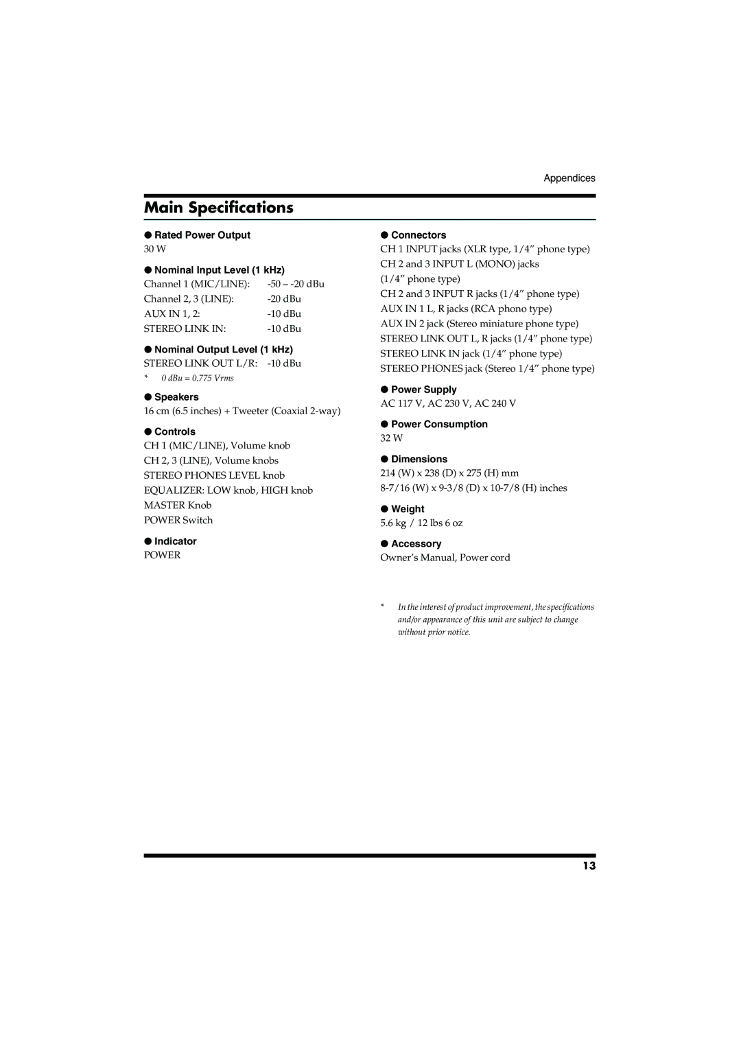 Roland CM-30 owner manual Main Specifications 