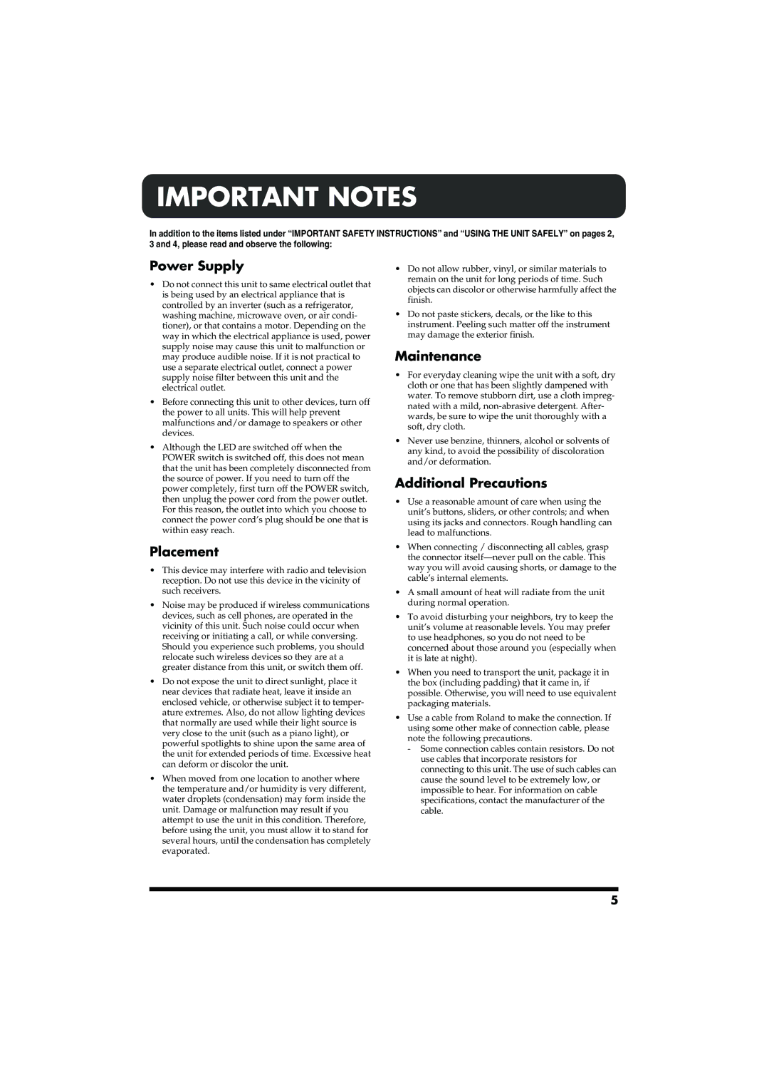 Roland CM-30 owner manual Important Notes 