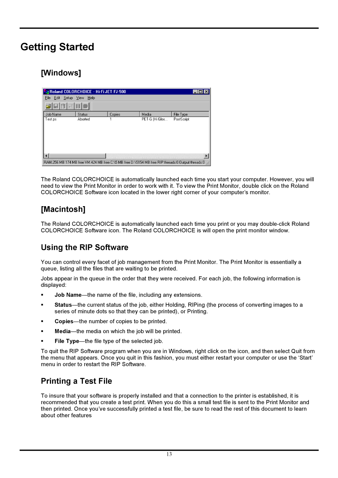 Roland COLORCHOICE user manual Getting Started, Windows, Macintosh, Using the RIP Software, Printing a Test File 