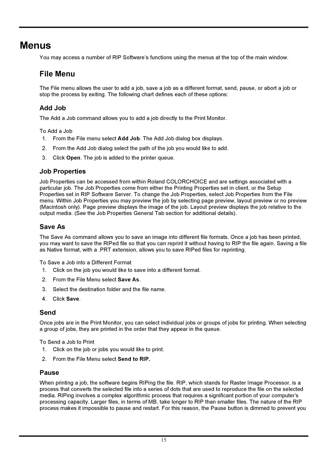 Roland COLORCHOICE user manual Menus, File Menu 