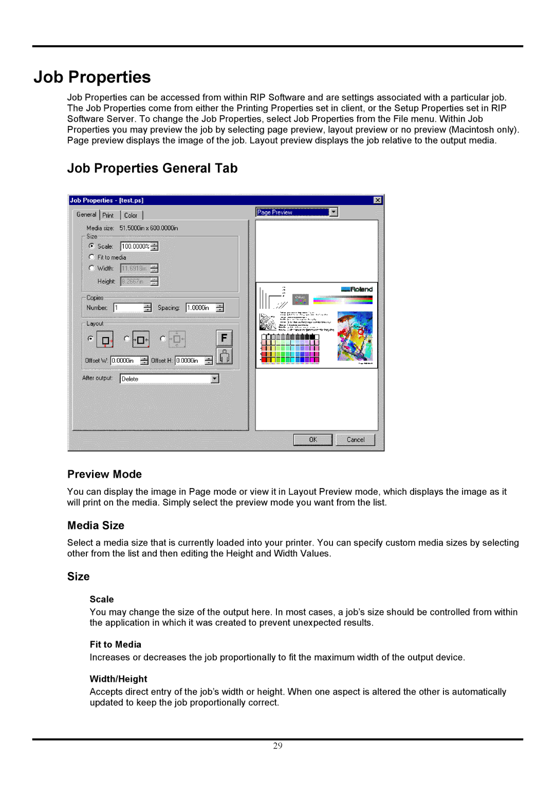 Roland COLORCHOICE user manual Job Properties General Tab, Preview Mode, Size 