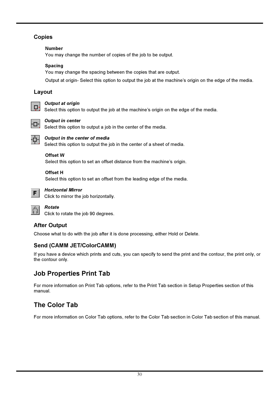 Roland COLORCHOICE user manual Job Properties Print Tab, Copies, Layout, After Output, Send Camm JET/ColorCAMM 