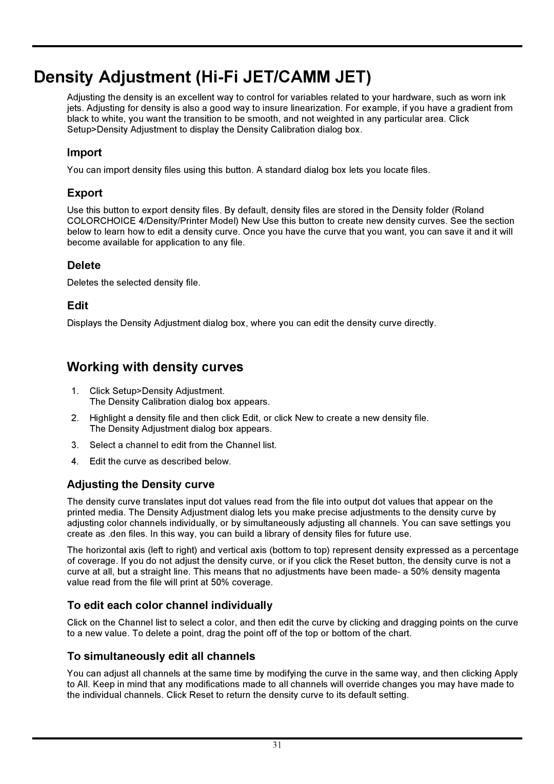 Roland COLORCHOICE user manual Density Adjustment Hi-Fi JET/CAMM JET, Working with density curves 