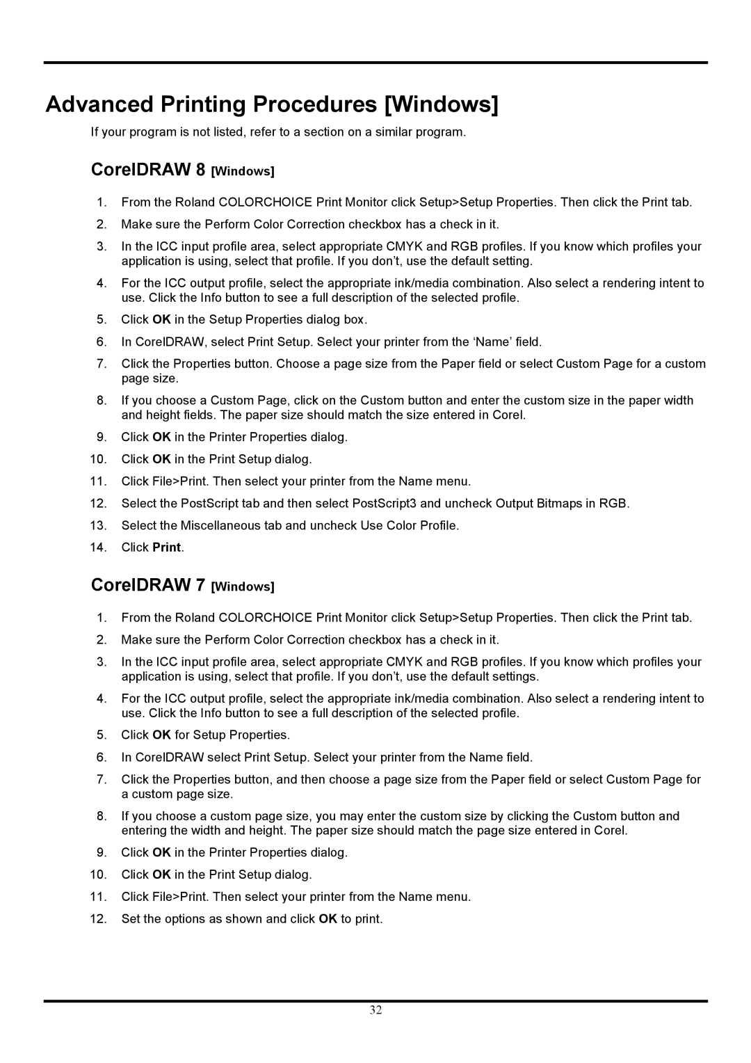 Roland COLORCHOICE user manual Advanced Printing Procedures Windows, CorelDRAW 8 Windows, CorelDRAW 7 Windows 