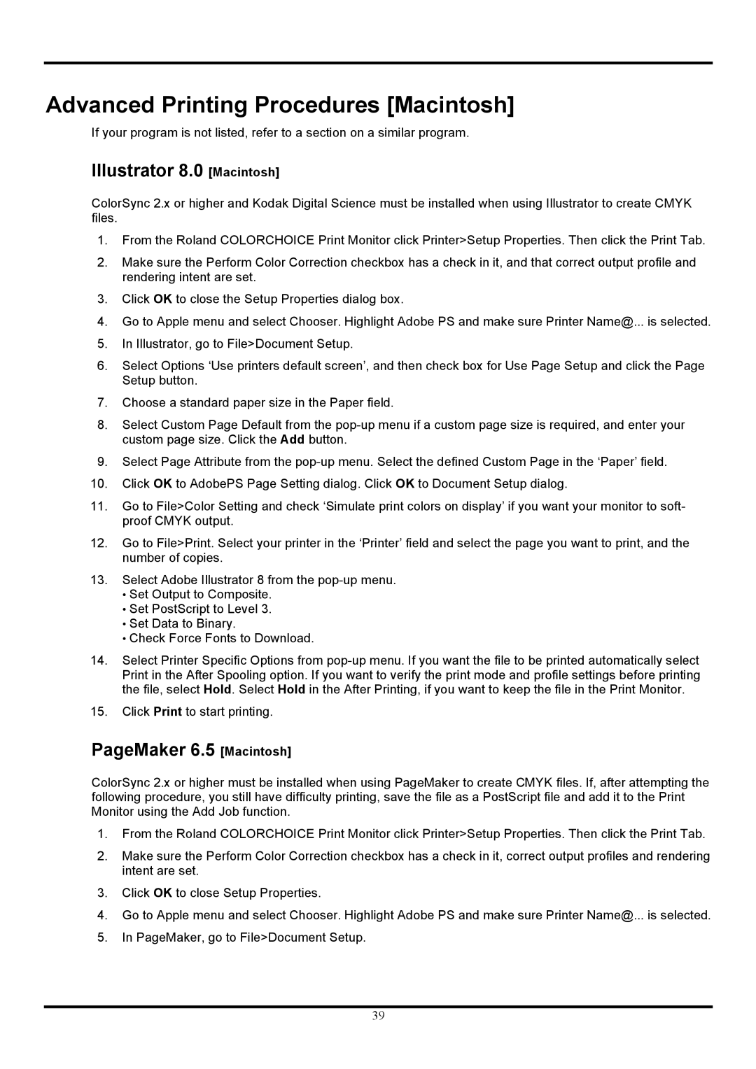 Roland COLORCHOICE user manual Advanced Printing Procedures Macintosh, Illustrator 8.0 Macintosh, PageMaker 6.5 Macintosh 