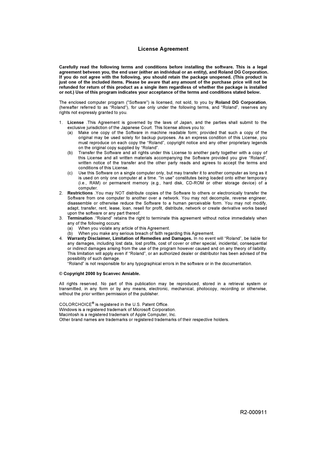 Roland COLORCHOICE user manual License Agreement, Copyright 2000 by Scanvec Amiable 