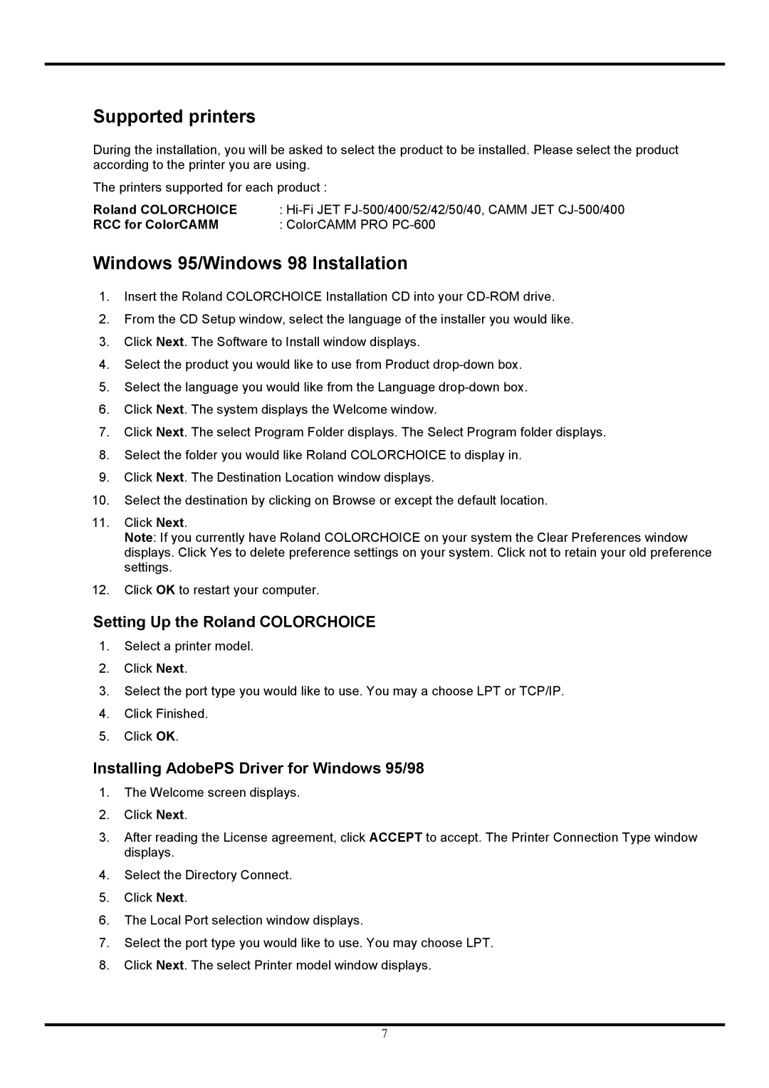 Roland COLORCHOICE user manual Supported printers, Windows 95/Windows 98 Installation, Setting Up the Roland Colorchoice 