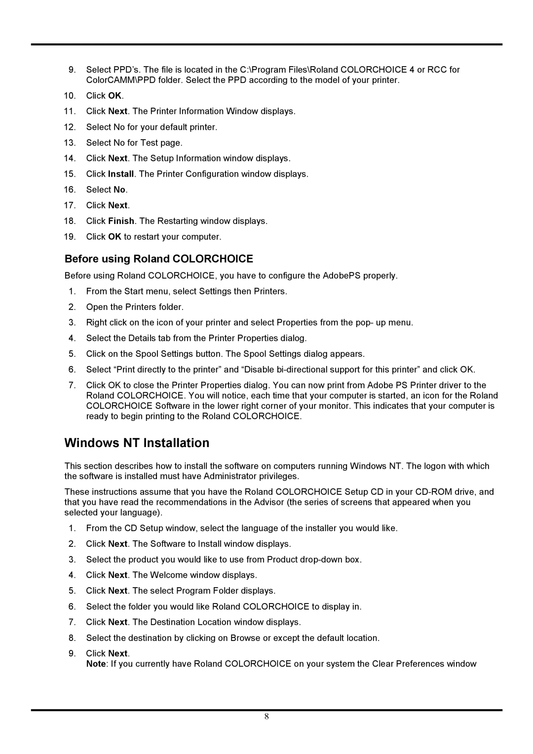 Roland COLORCHOICE user manual Windows NT Installation, Before using Roland Colorchoice 