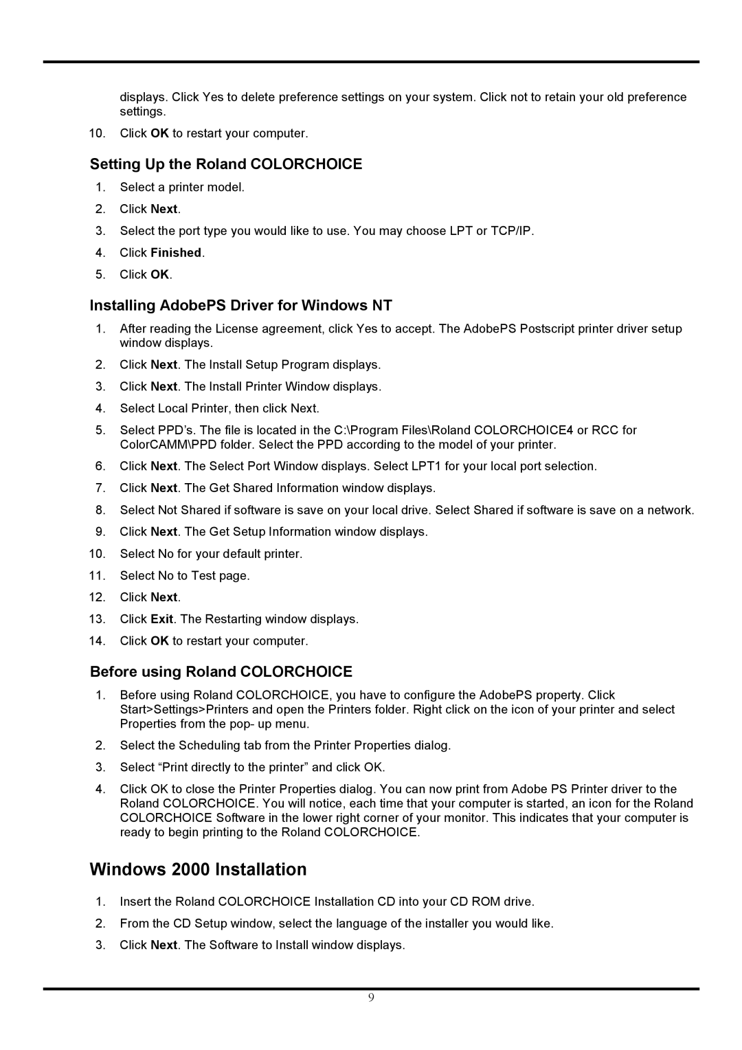 Roland COLORCHOICE user manual Windows 2000 Installation, Installing AdobePS Driver for Windows NT, Click Finished 