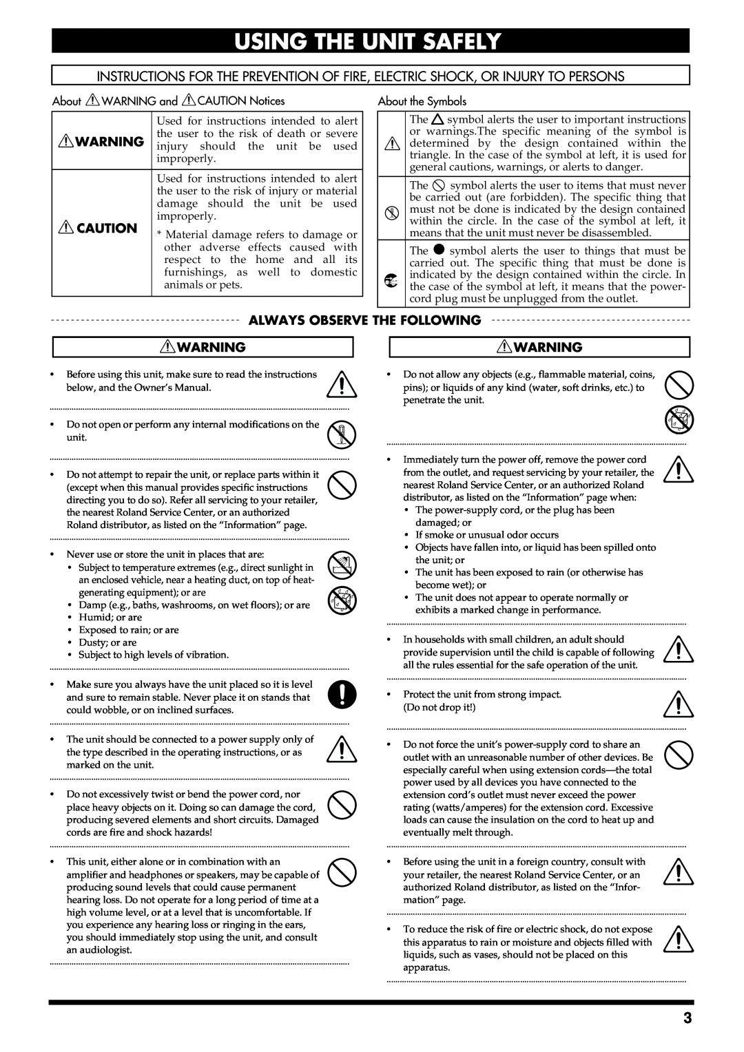 Roland CUBE-30 owner manual Never use or store the unit in places that are 