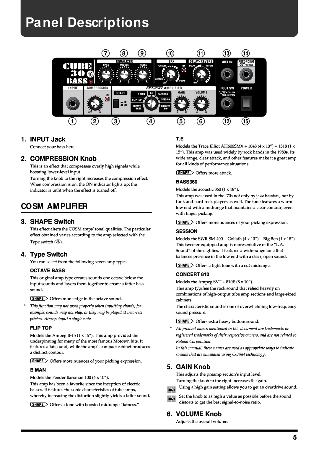 Roland CUBE-30 owner manual Panel Descriptions, Cosm Amplifier 