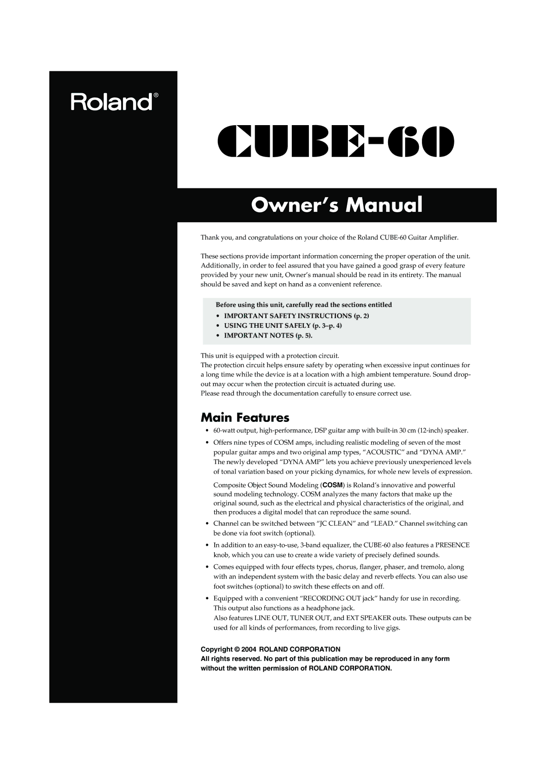 Roland CUBE-60 owner manual Main Features 