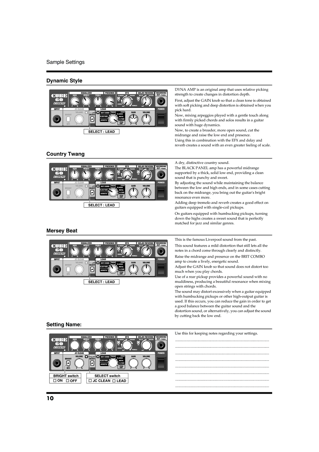 Roland CUBE-60 owner manual Dynamic Style, Country Twang, Mersey Beat, Setting Name, Bright switch On OFF Select switch 