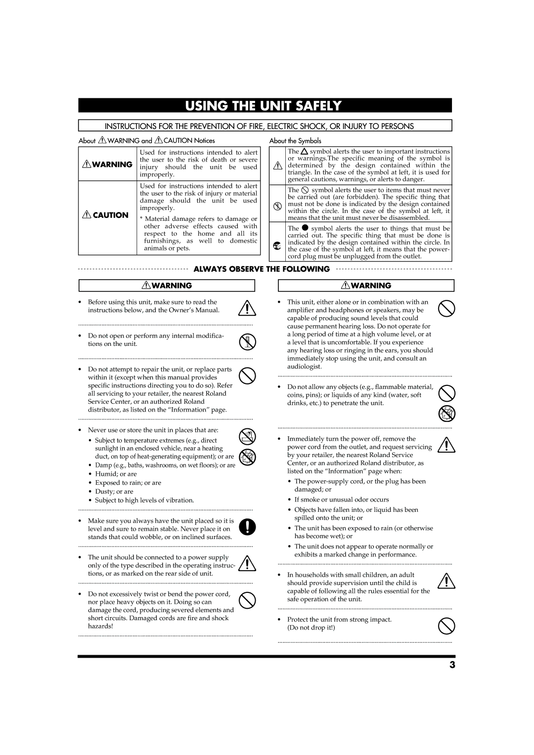 Roland CUBE-60 owner manual Protect the unit from strong impact. Do not drop it 